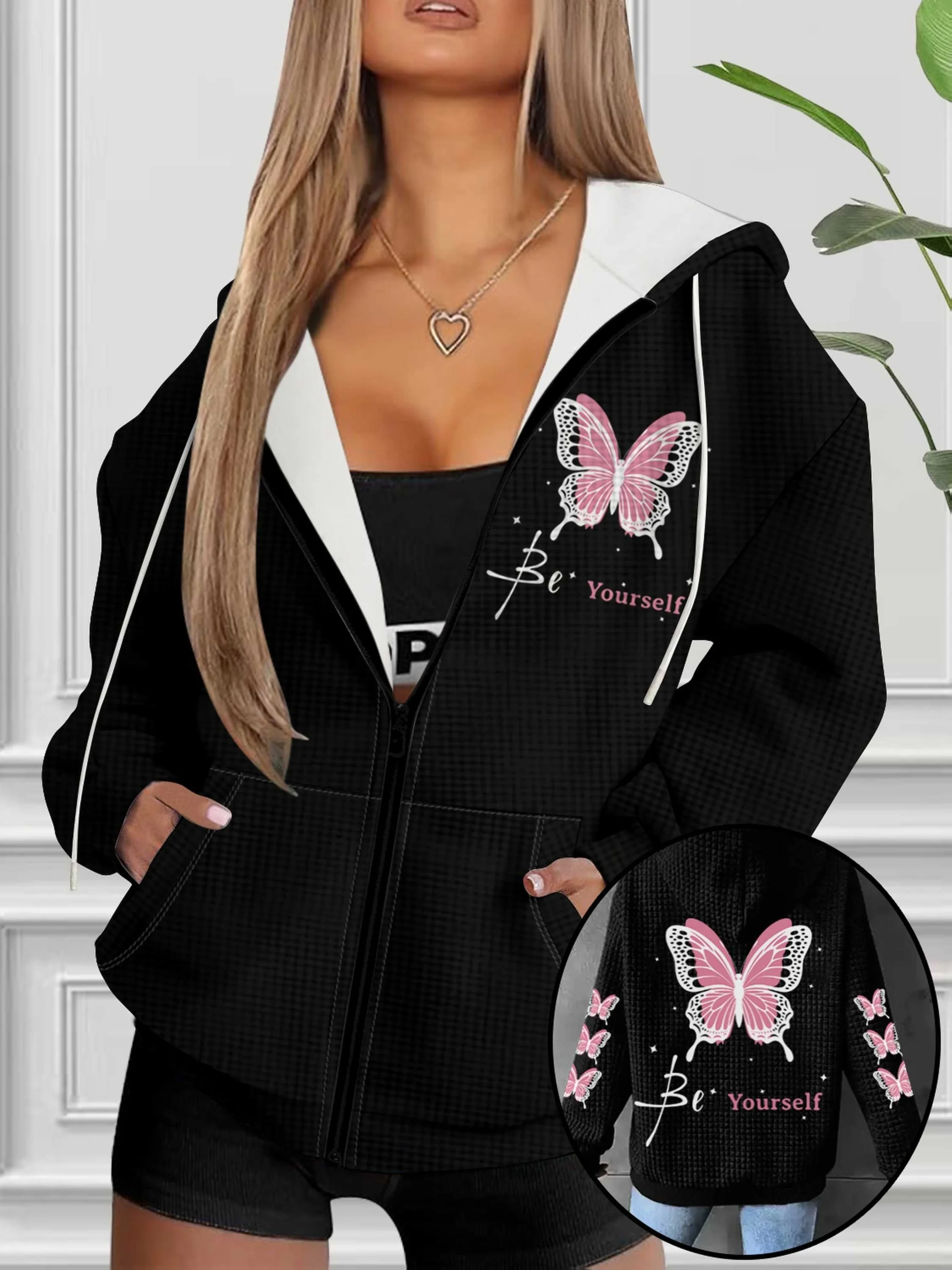 Printed Design Pink Butterfly Be Yourself Print elegant style casual style hooded zipper style ladies' casual jacket