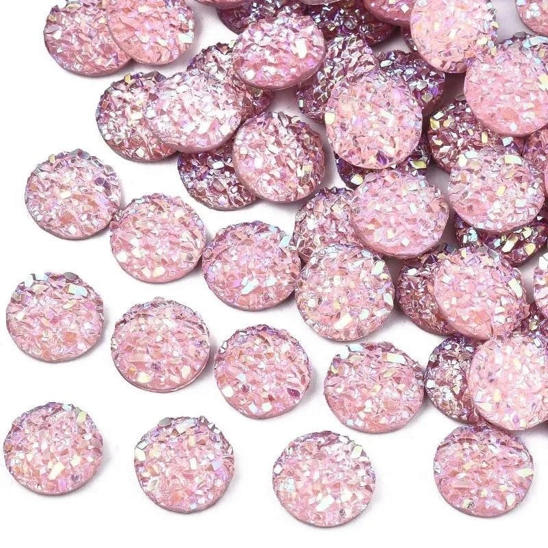 200 szt. Kaboszony z żywicy imitacja Druzy agat płaskie okrągłe AB kolorowy platerowany gorące różowe 8x2,5mm — zdjęcie 2