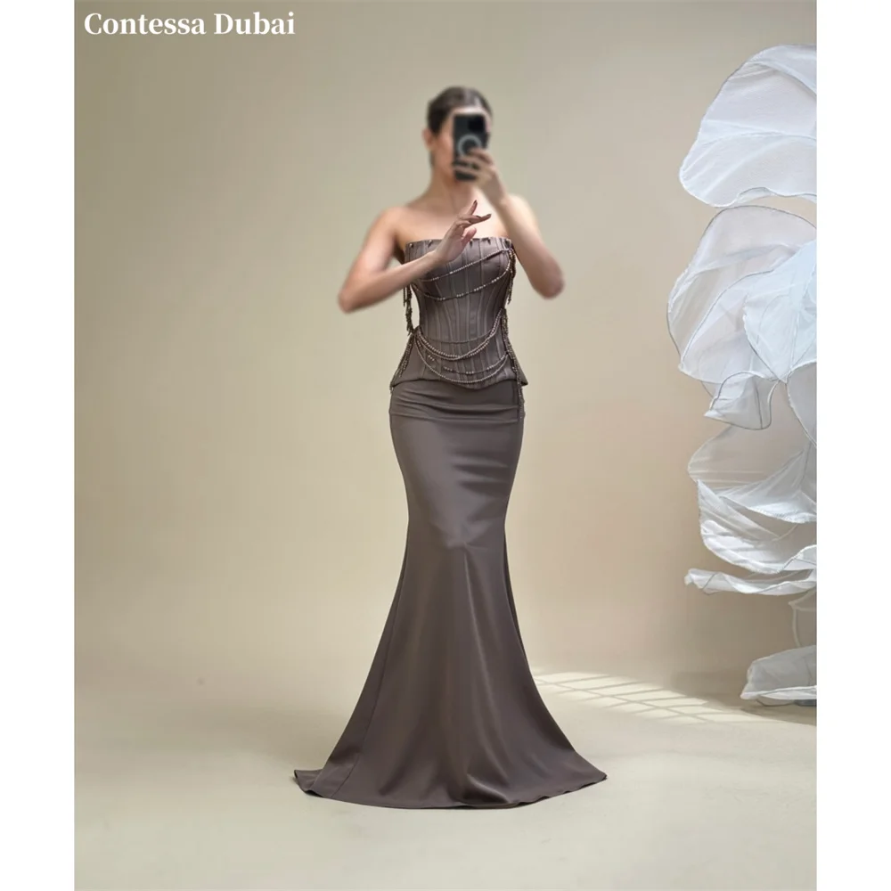 

Contessa Custom Mocha Brown Corset Evening Dress Draped Beaded Chain Prom Dresses Crepe Vestidos De Noche Mermaid Formal Evening