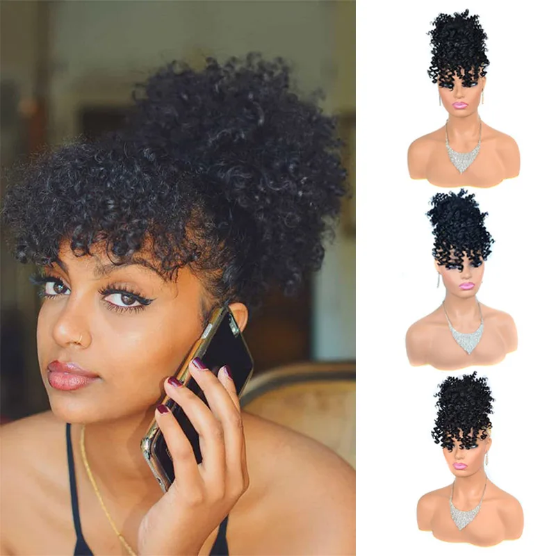 Afro Puff sznurkiem syntetyczny kucyk kok z grzywką krótki perwersyjne kręcone kucyk Updo doczepiane włosy z klipsami żaroodporne