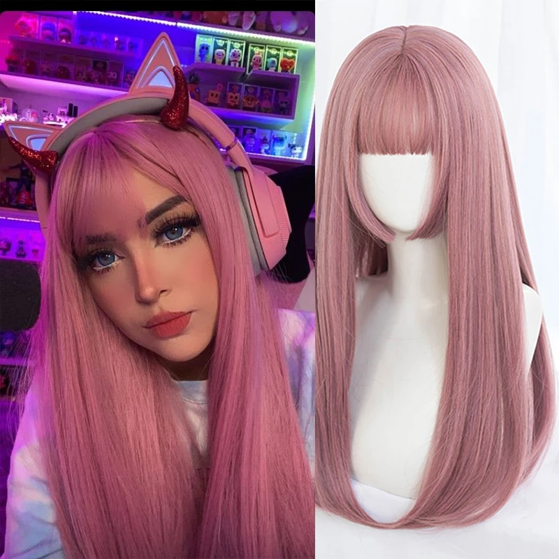 

XG Synthetic Long Straight Hair Pink Gold Black High Temperature Silk Wig With Bangs Lolita Party Cosplay Everyday Wear