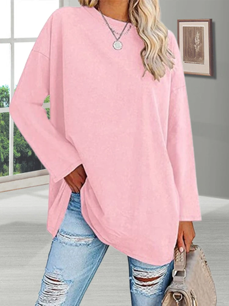 Fall Women Loose Long Sleeved O-neck Shirts Female Casual Solid Color Leisure Pullovers Ladies Autumn Street Drop Sleeves Tops