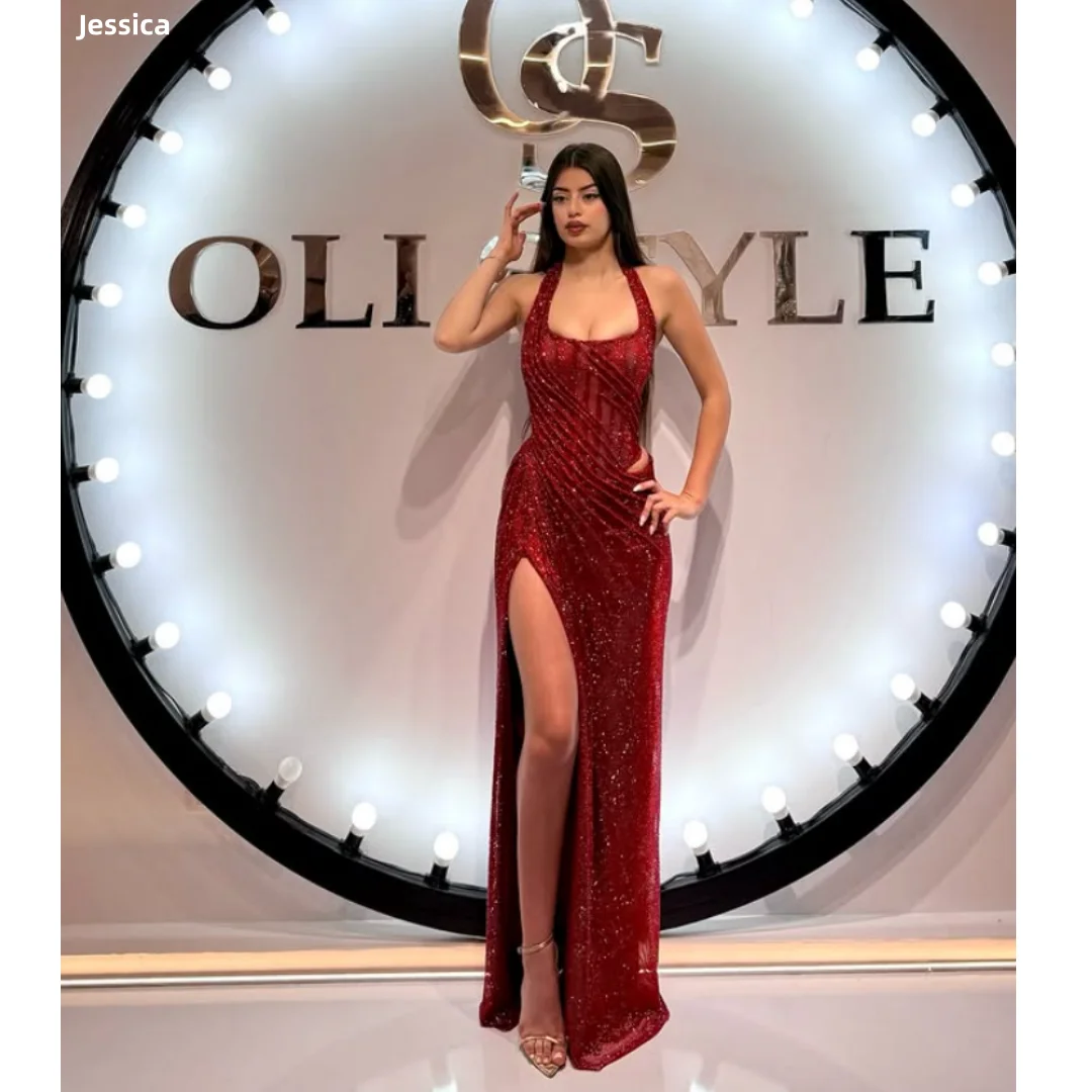 

Jessica Halter Sweet Red Evening Dresses Glitter Sequin Princess Prom Dresses Slim Fit With Side Slits Party Dresses Customized