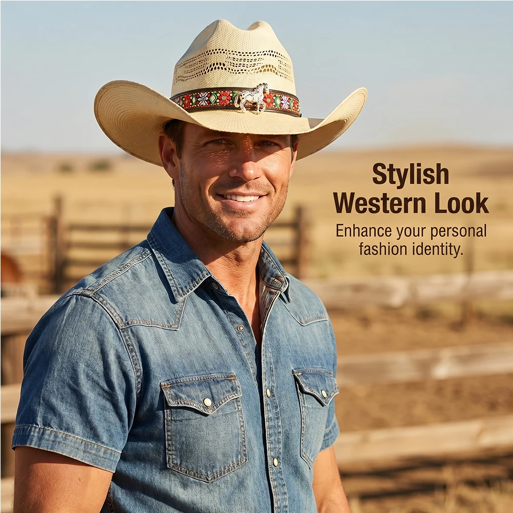 

Beige Straw Cowboy Hat with Decorative Band, Stylish Western Wide Brim Sun Hat forcowboyhut Men Women Summer Outdoor
