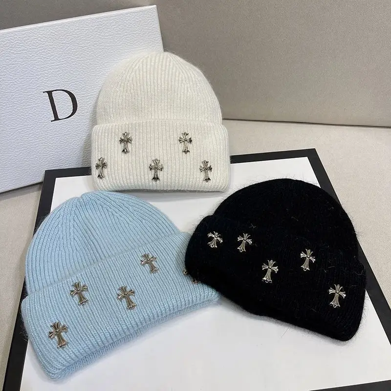 CHROME HEARTS cross knitted hat fashion casual hundred matching couple Japanese street ear protection face small woolen hat