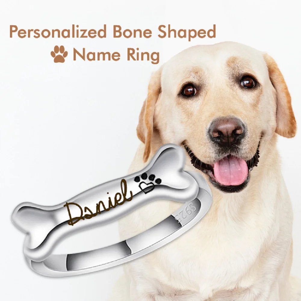 Personalized Dog Bones Name Ring For Women Custom 925 Sterling Silver Engraved Name Pet Finger Ring Jewelry Gift For Pet Lovers