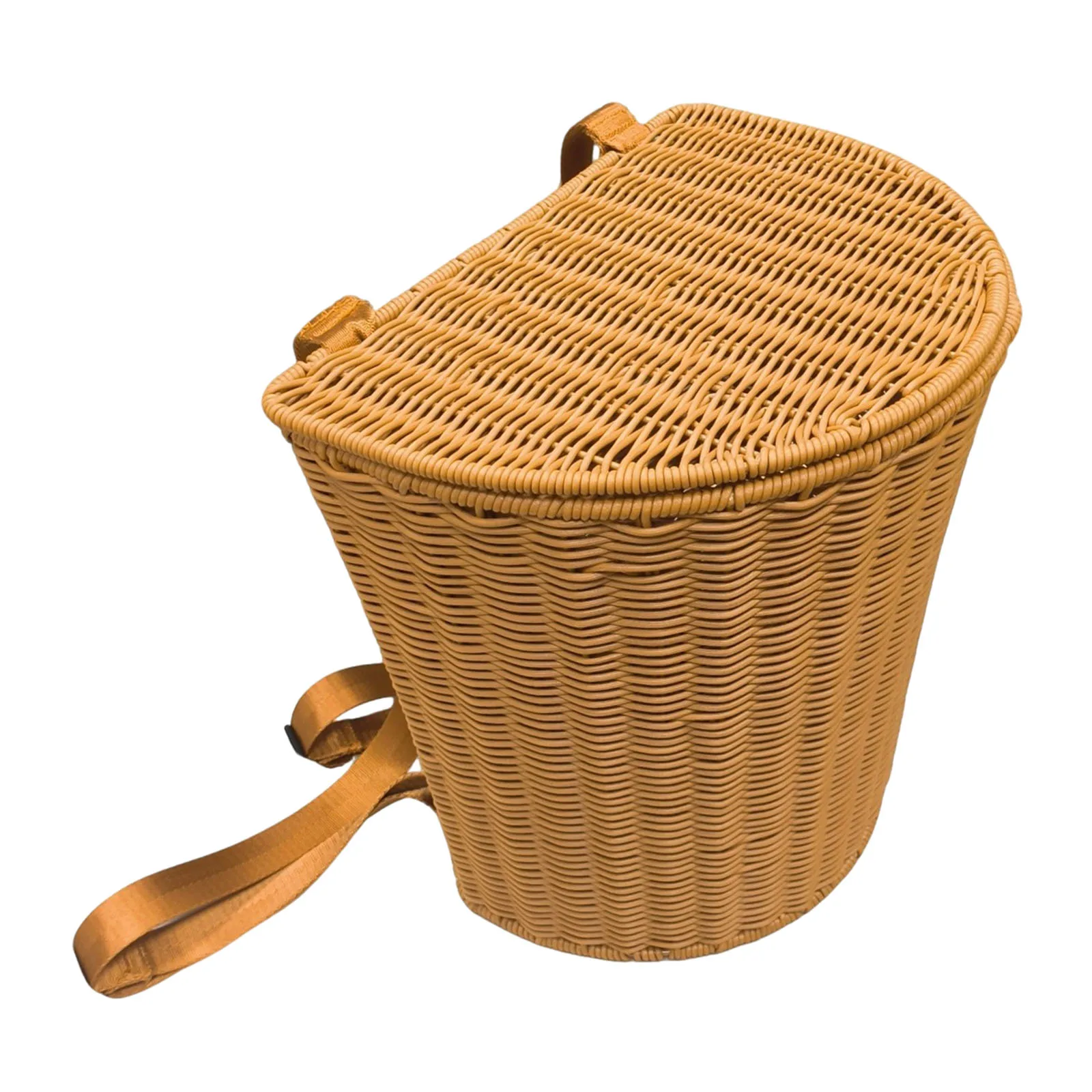 Imitation Rattan Hand-Woven Backpack Rustic Basket Backpack With Lid Round Large Outdoor Backpack Farm Work Picking Storage Bask