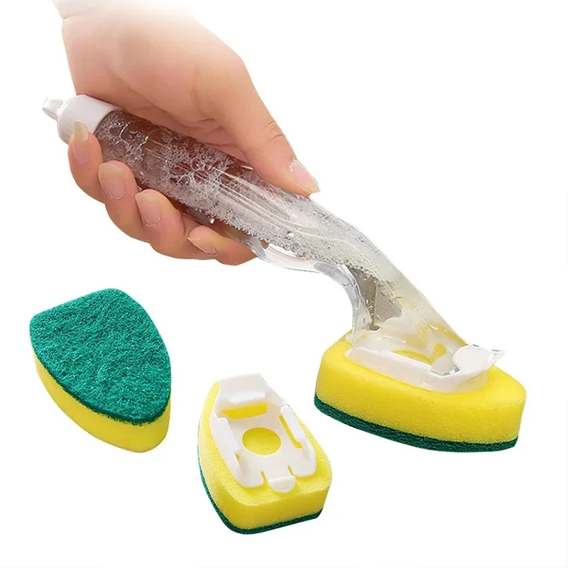 Brosse de nettoyage remplaçable avec recharge, poignée liquide, tampon à récurer, distributeur de brosses éponge, épurateur de vaisselle, outil de lavage à domicile