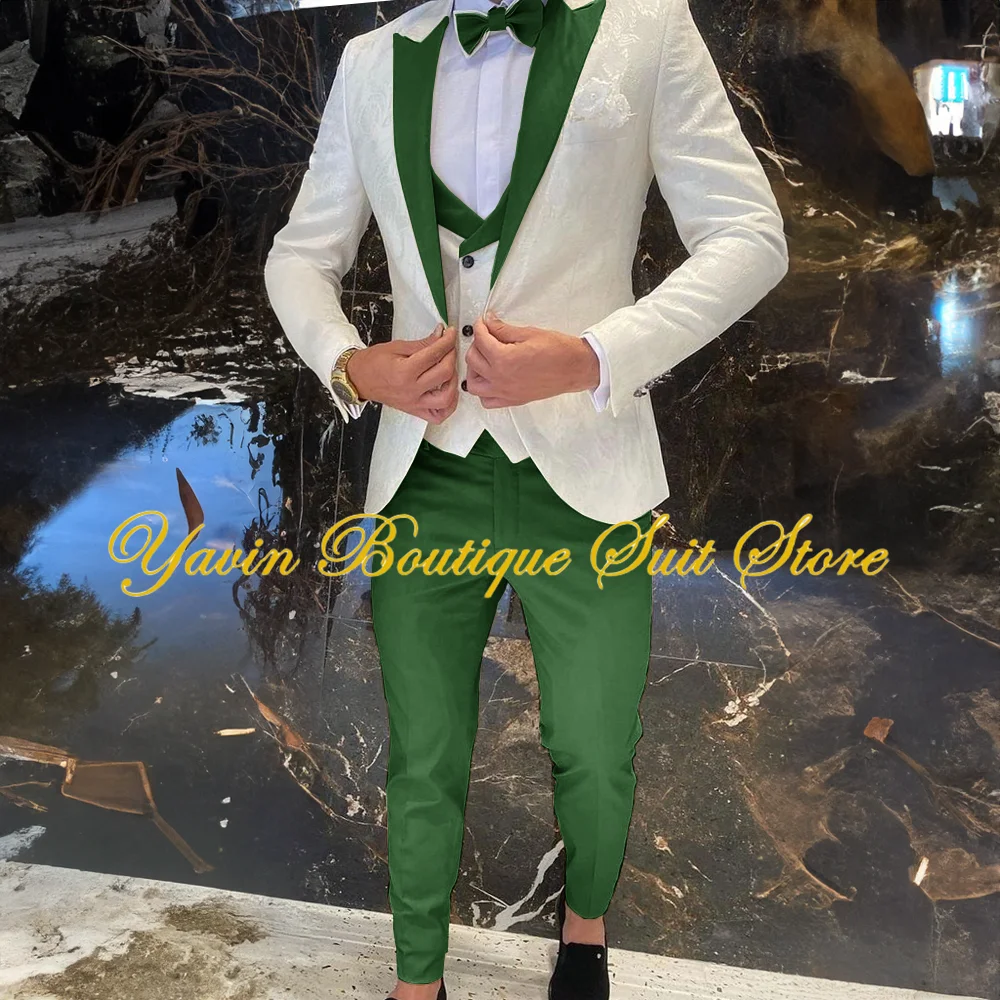 

Ivory Jacquard Men's Suit Three-piece Floral Jacket Pants Vest Formal Wedding Groom Tuxedo Clothes Slim Fit Blazer Set