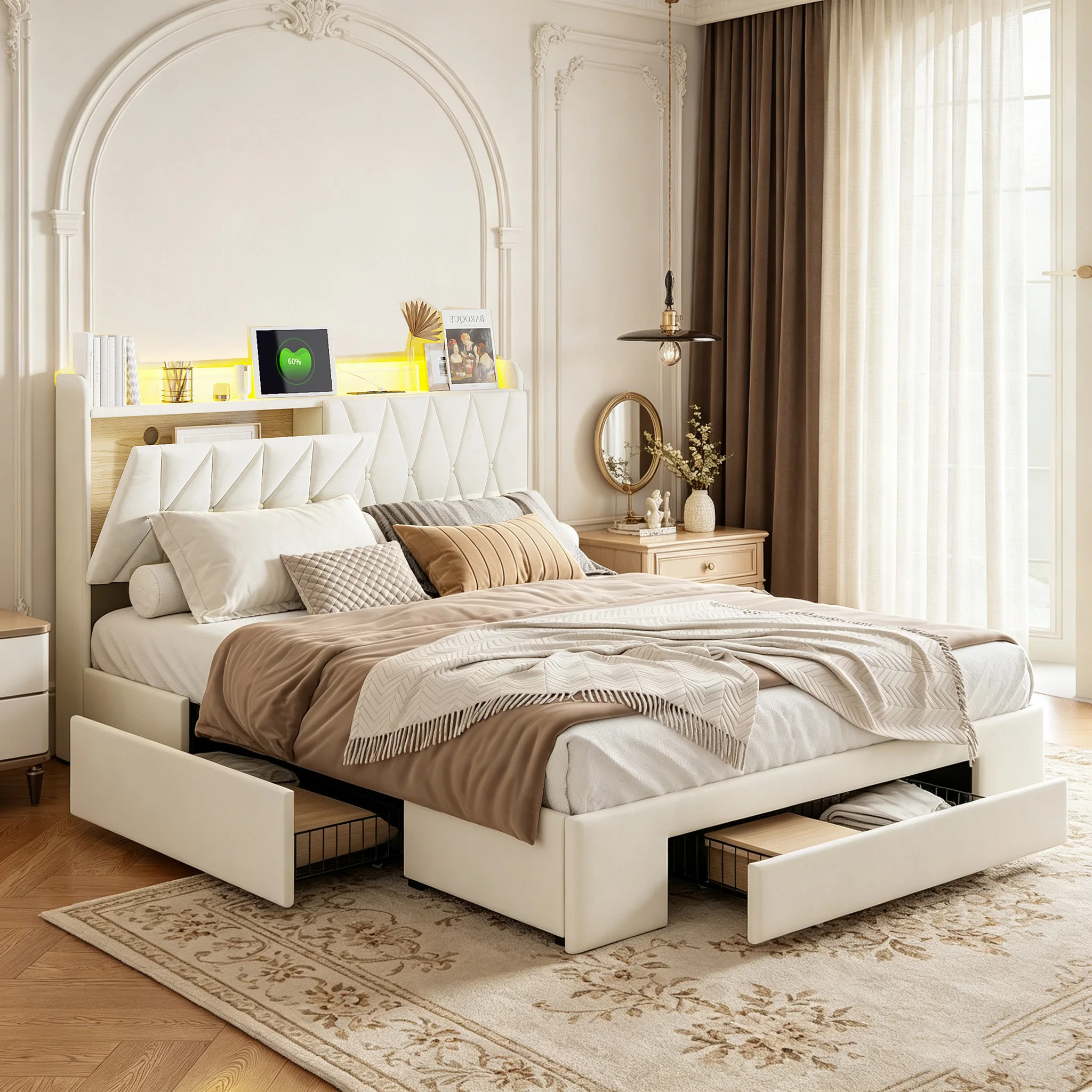 Superaly, gepolstertes Bett mit 3 Schubladen, 140 x 200 cm, Bett mit Stauraum und Kopfteil, Doppelbett mit Stauraum, Bettgestell mit Lattenrost, Jugendbett, Samt, Beige.