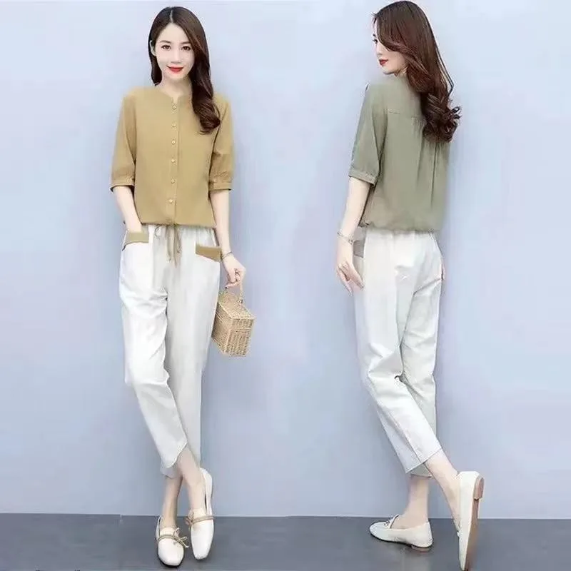 2022 new Spring Two Piece  Linen Women Sets Elegant O Neck Top Shirt and Drawstring Casual Outfits Vintage Pocket Harajuku Suits