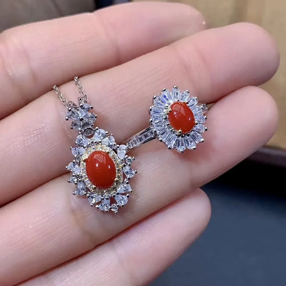 Boutique Jewelry 925 Pure Silver Natural Red Coral Agate Gemstone Women's Pendant Ring Set Platinum Party Birthday Christmas