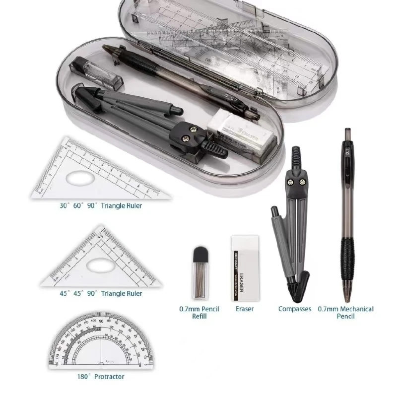 Kit de géométrie mathématique avec boîte incassable, rapporteur de boussole, règle d'ingénierie, dessin étudiant, fournitures, ensemble de 8 pièces