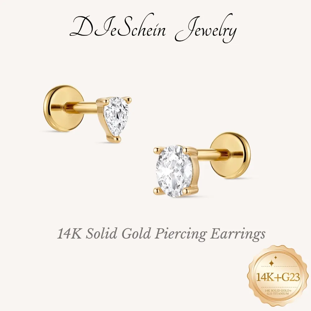 DIeSchein 14K Solid Gold Internal Thread Flat Back Labret Piercing Earring CZ Cartilage Stud For Women Helix Tragus Conch Stud