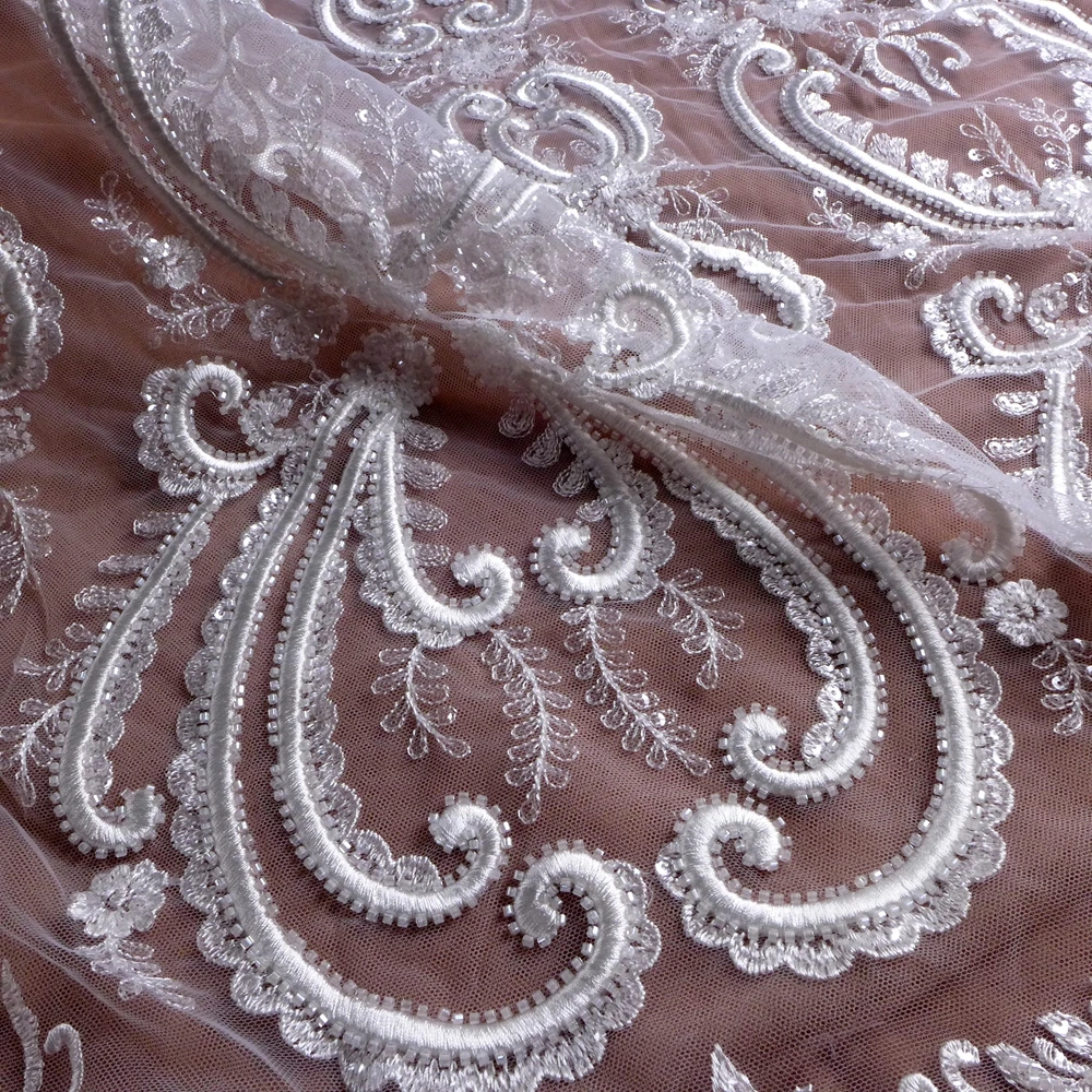 HelluyerDC Off-White heavy beading lace fabric,beautiful patterns lace for fashion,wedding,evening,dance gown by the yard