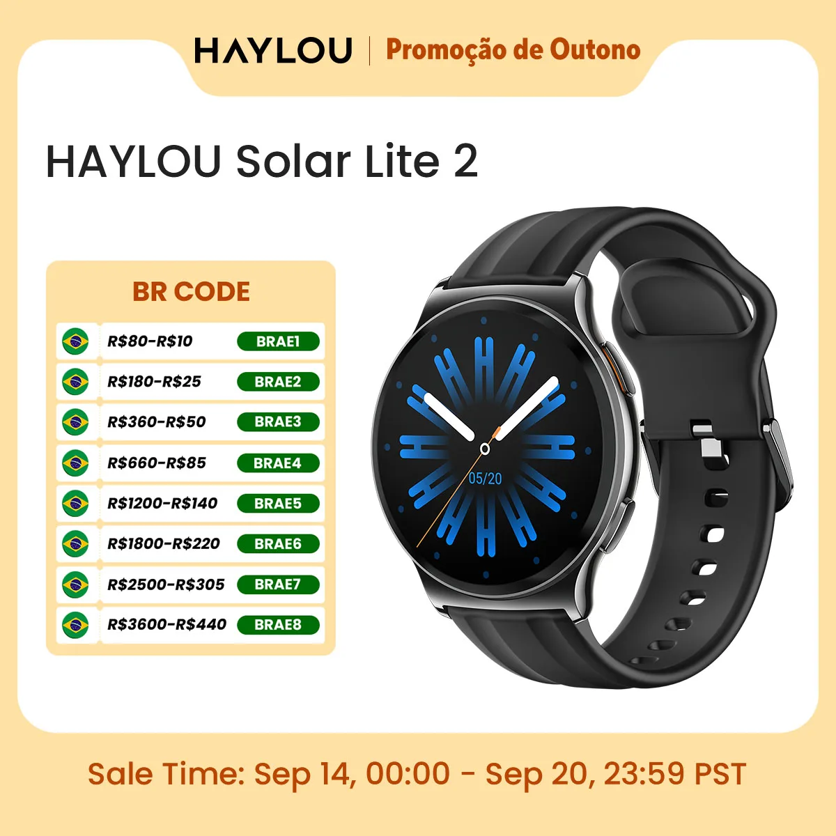 Smartwatch HAYLOU Solar Lite 2 com Tela AMOLED de 1.43'', Monitoramento de Saúde 24h, 150+ Modos Esportivos, Chamadas de Voz, Smart Watch 1ATM