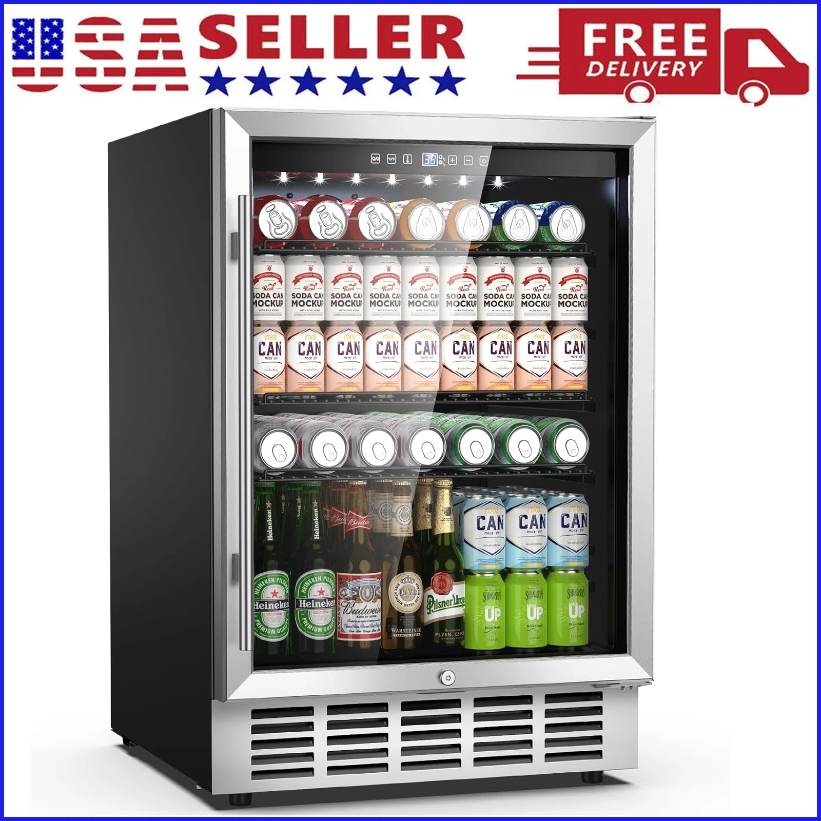 24 Inch Beverage Refrigerator, 190 Cans Built-in/Freestanding Beverage Cooler, Digital Memory Under Counter Beer Fridge with Glass Door, Safety Locks, Removeable Racks (Glass Door)