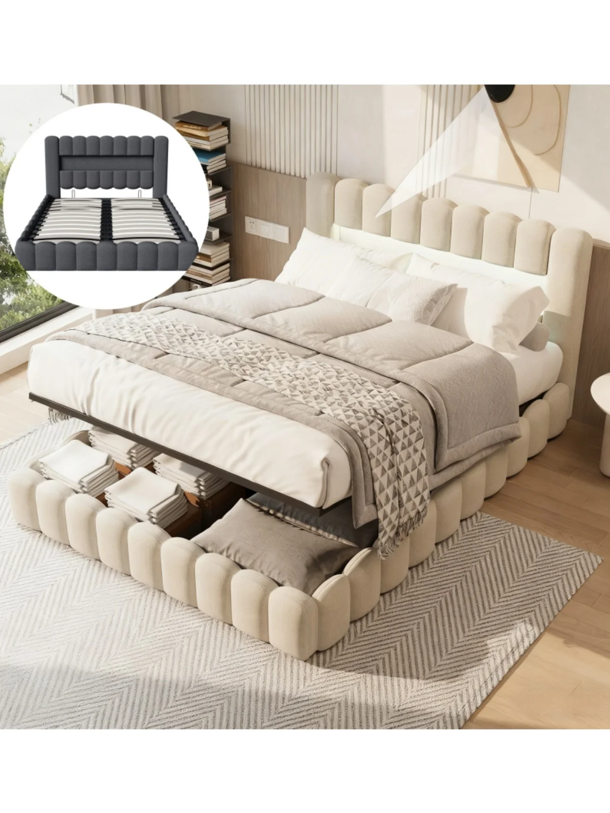 MGMYM bedframe 140/160/180 met hydraulische opbergruimte, bedhoofdeinde met LED en USB, Bubble design, linnen stof - afbeelding 2