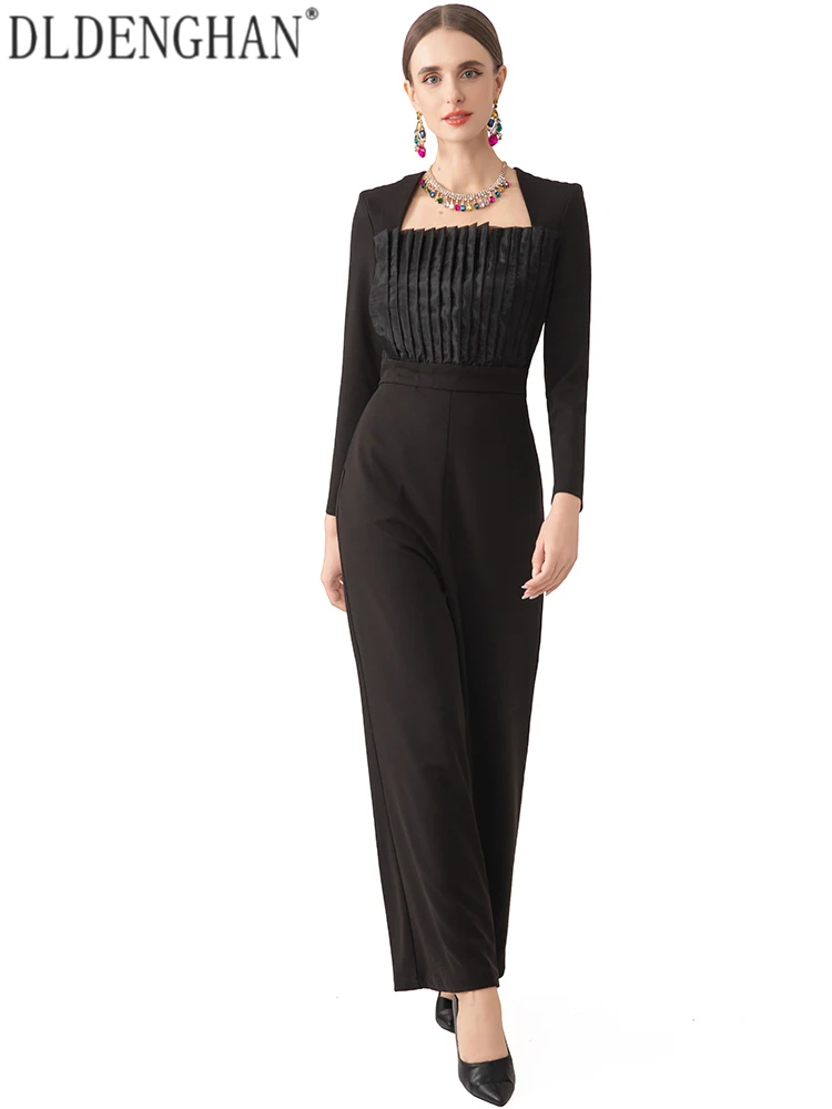 DLDENGHAN Women Square Collar Long Sleeves Splice Design Spring Summer High Street New model Solid Premium feel Jumpsuit