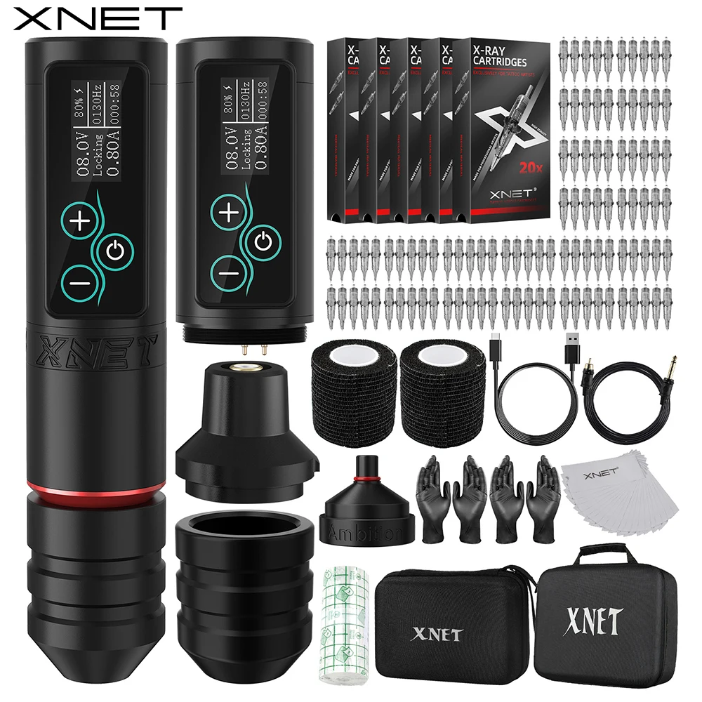 XNET Vane Wireless Tattoo Machine Kit Brushless Motor Tattoo Pen Kit with 2400mAh Battery 100pcs Premium Mixed Size Cartridge