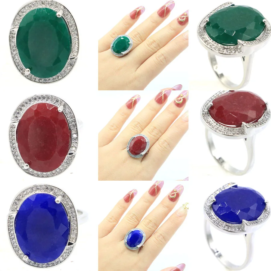 Buy 4 Get 1 Free 25x20mm Big Oval Gemstone 8.3g Real Green Emerald Blue Sapphire Red Ruby CZ Women Engagement Silver Rings