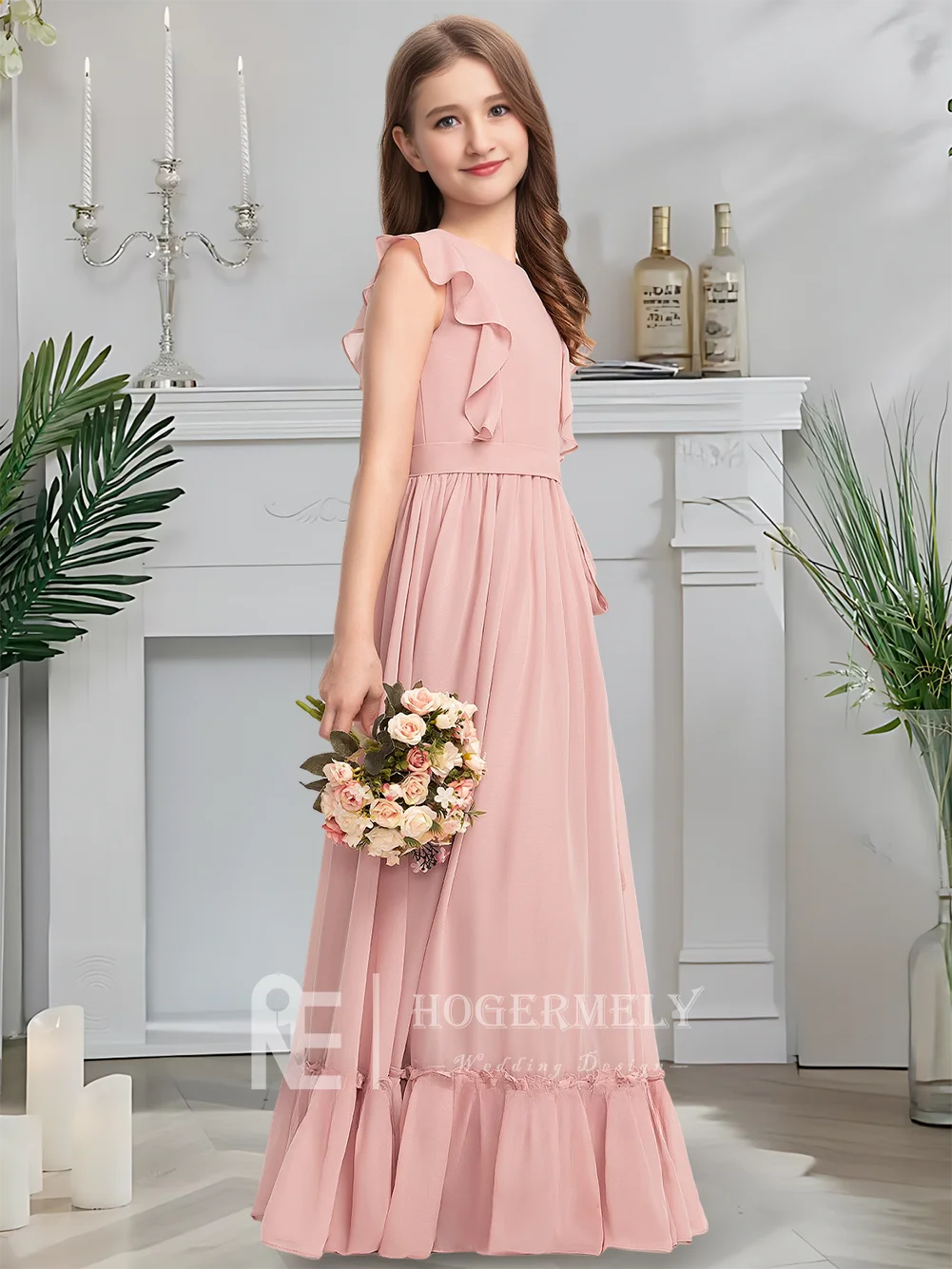 

B Scoop Neck Junior Bridesmaid Dress Flower Girl Dress Chiffon Floor Length With Ruffled Bow Design For Wedding Ceremony Wear