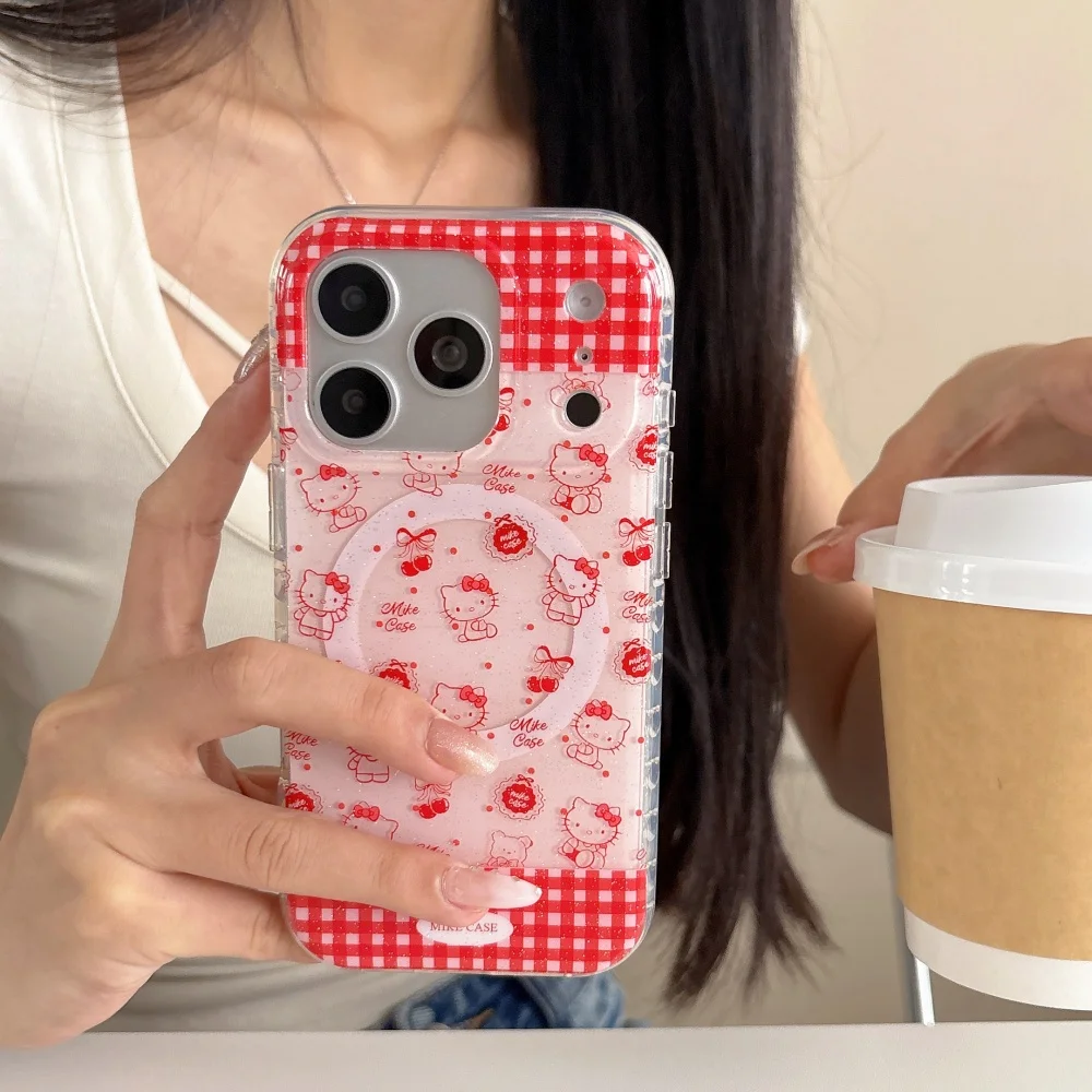 

Korea INS Red Plaid HelloKitty Cute Paw Print Phone Case for iPhone 17 15Pro 15 16 17 Promax Girly Shockproof Case with Magnetic