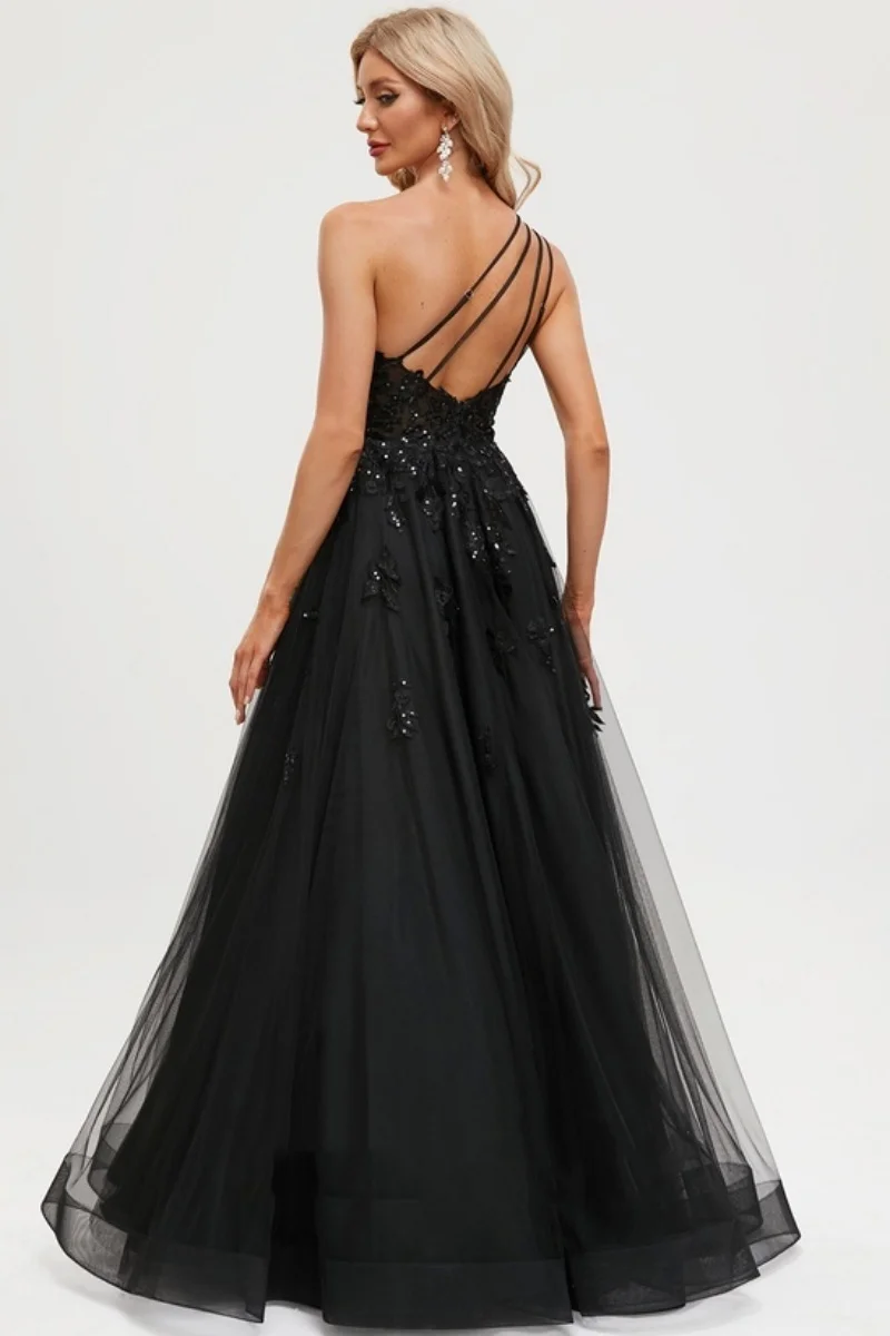 Jessica czarne suknie wieczorowe cekinowe hafty suknie balowe seksowne jedno ramię tiulowa linia A Vestidos De Fiesta dostosowane