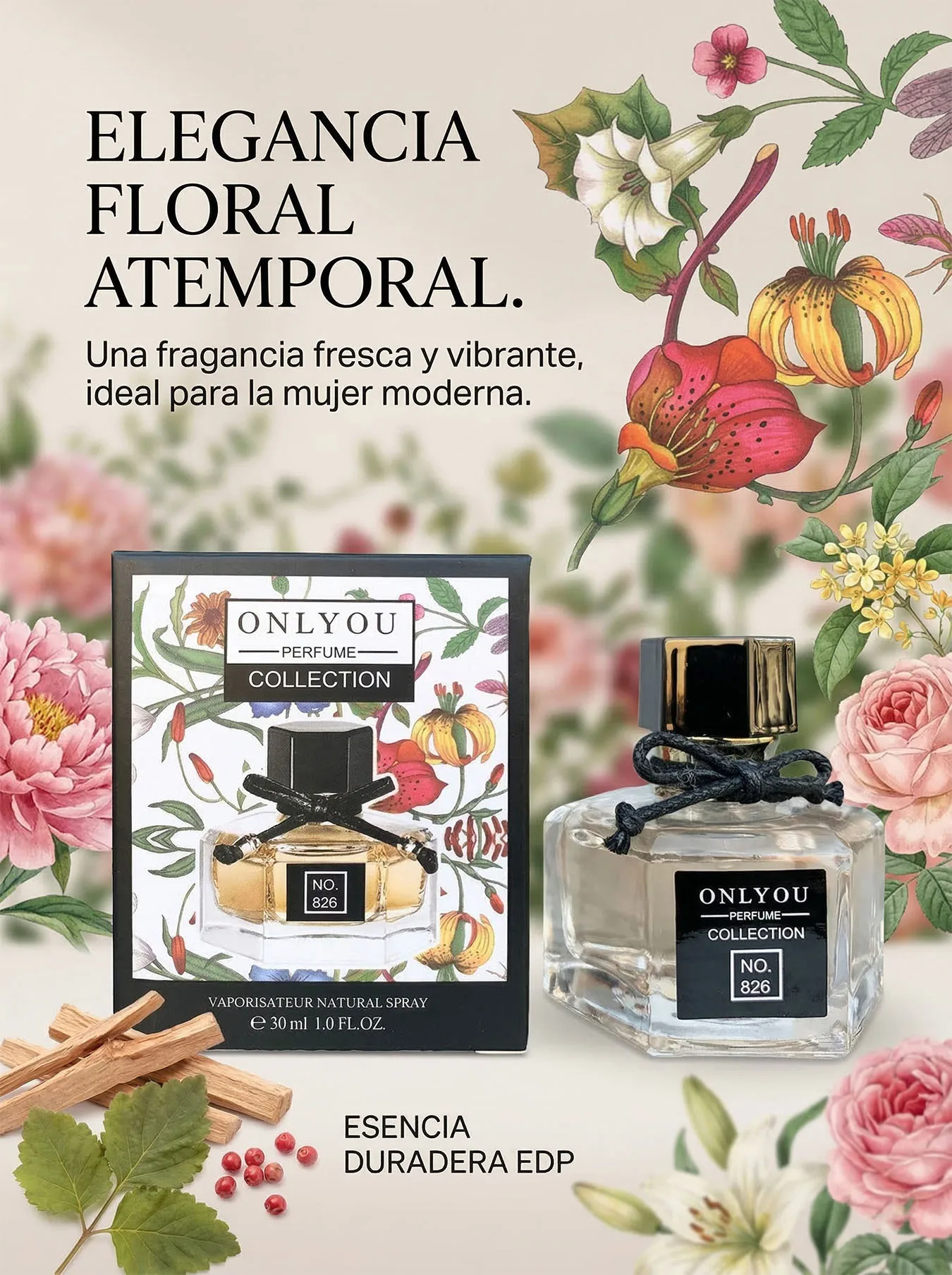 Perfume Flora 30ml EDP para Mujer Fragancia Floral Elegante de Larga Duración con Notas de Peonía y Rosa Aroma Sofisticado Ideal para Viaje o Bolsa Esencia Femenina de Lujo con Sándalo y Cítricos Regalo Ideal