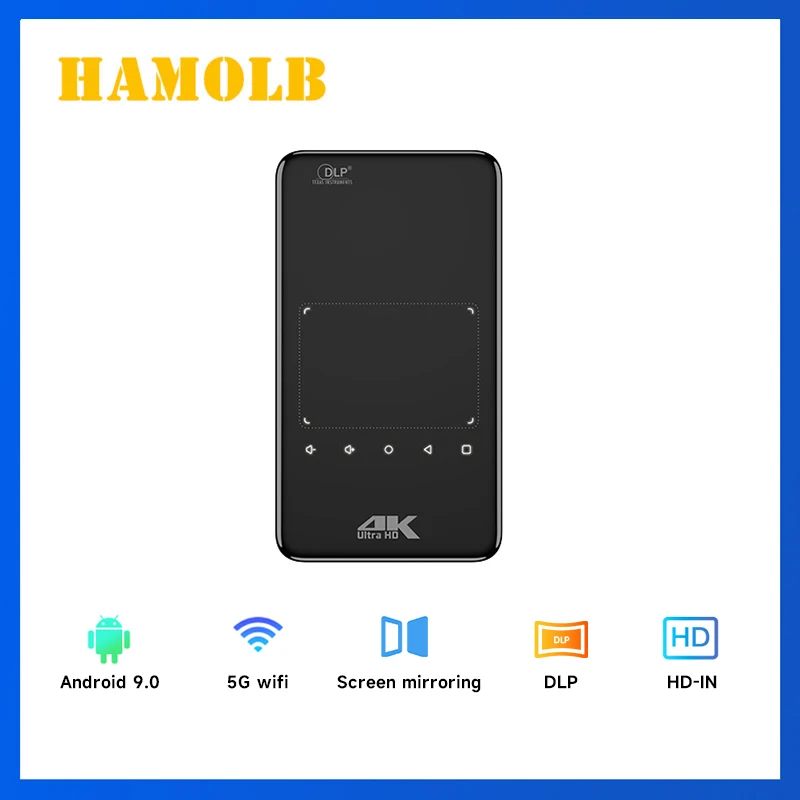 HAMOLB HA8 mini smart dlp 4k projector android 9.0 5G wifi BT build-in speaker battery pocket phone projector