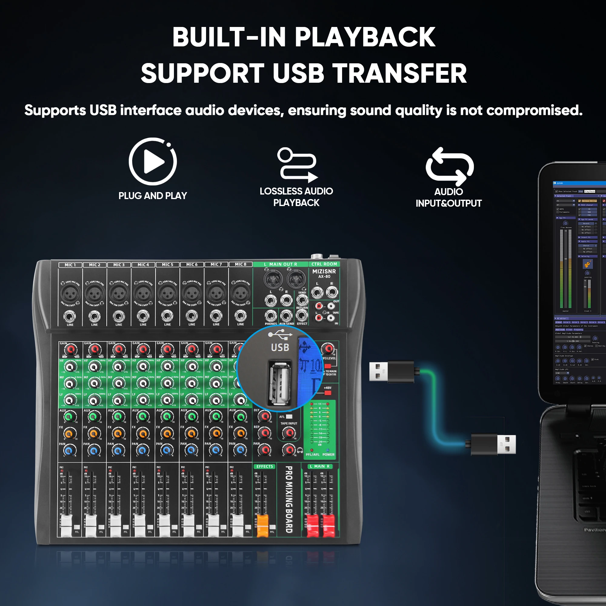 

Audio Mixer, 8-channel, Professional Music Mixing Board with Reverb Digital DJ Mixing Console 48V Phantom Power