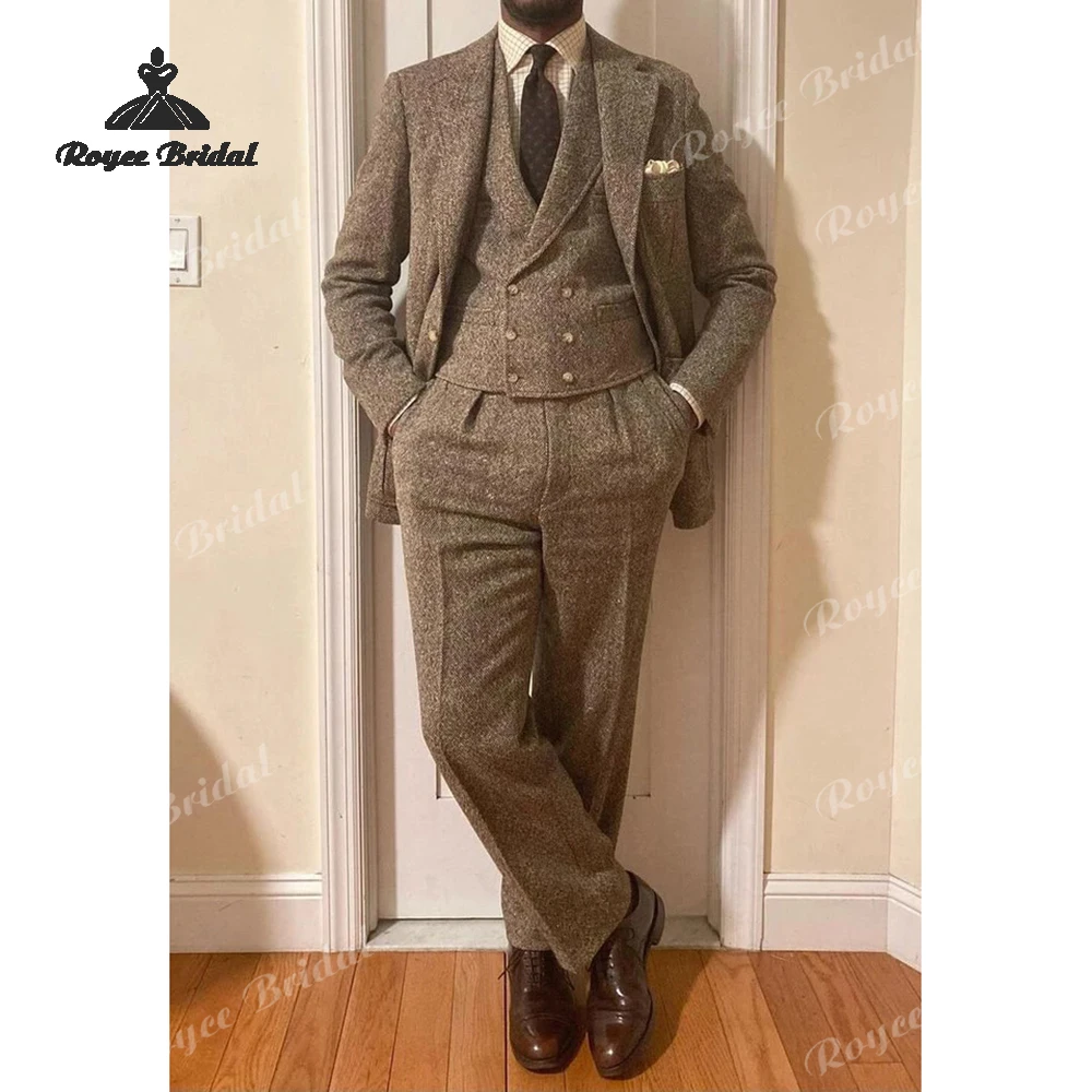 Vintage Tweed Herringbone Three Piece Men's Wedding Suit 2026 Notched Lapel Evening Suit Customized trajes para hombre