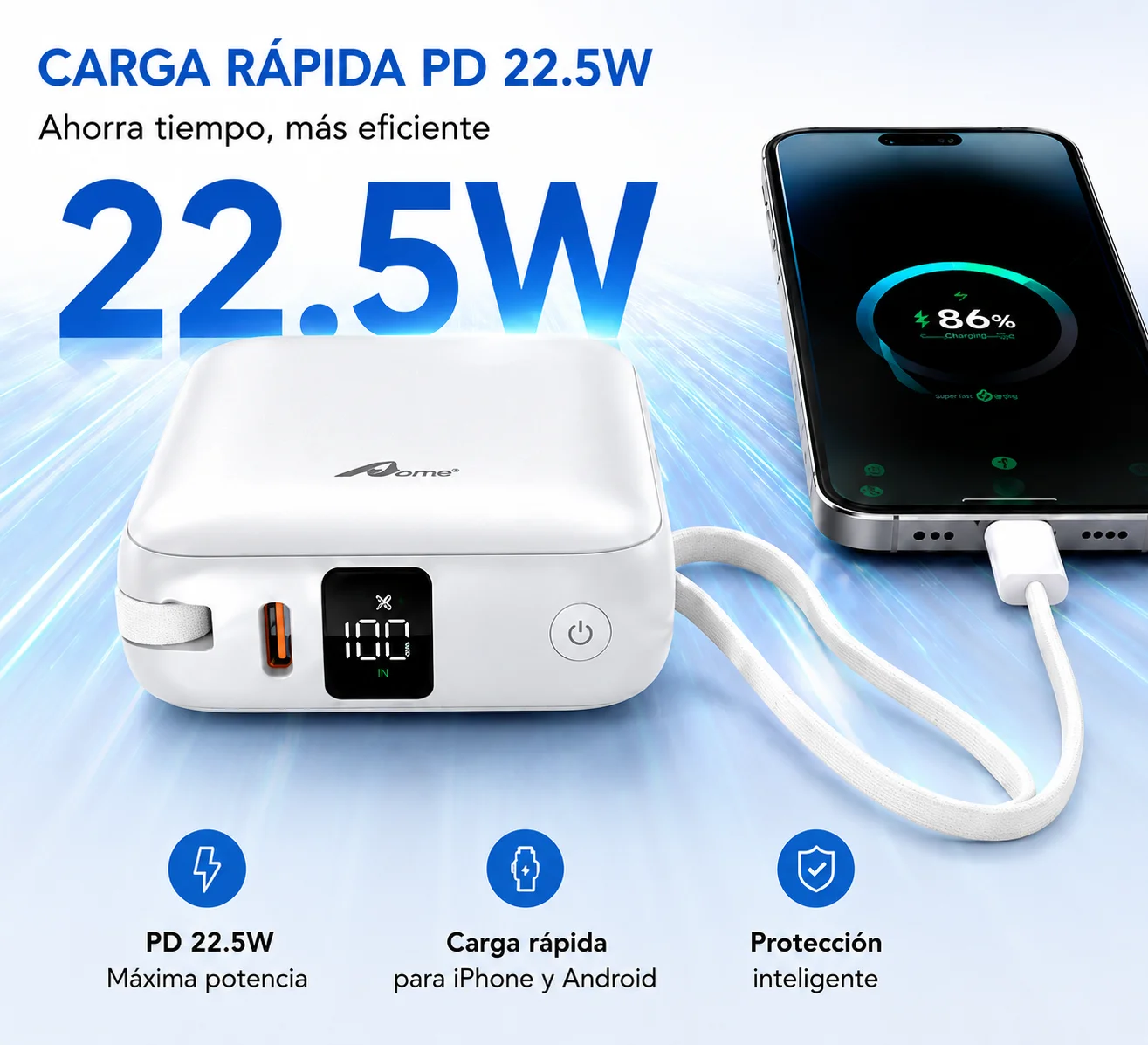 Home - Power Bank 10000mAh 22.5W PD con Cables Integrados Tipo-C y Lightning, Pantalla LED, Carga Rápida Portátil Compacta