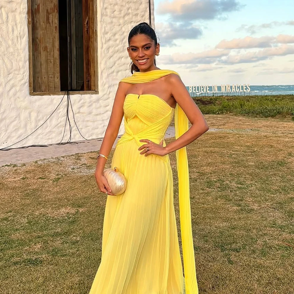 Galarity Customized Yellow Chiffon Evening Dresses Strapless Pleated Prom Dress Backless Guest Formal Dress Beach Party Gown