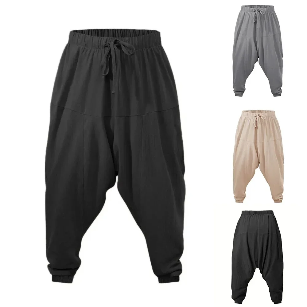 Harembroek voor heren Katoen Linnen Drop Crotch Gezellig Streetwear Loose Fit Ademend Lichtgewicht Lange broek Mannelijke joggers - afbeelding 2