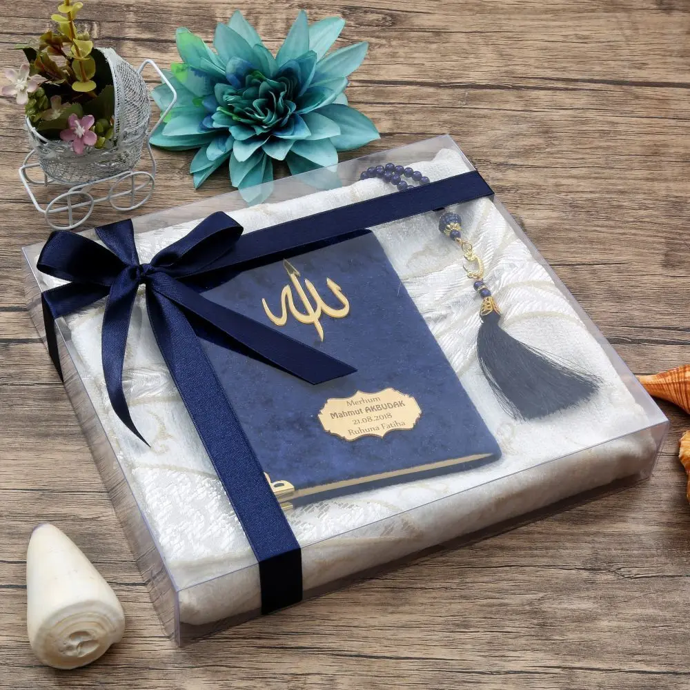 

GREAT GIFT Mevlüt gift package Souvenir Prayer Rug Yasin, Pearl Tasbih Navy Blue muslimislamic gift سجاد صل .