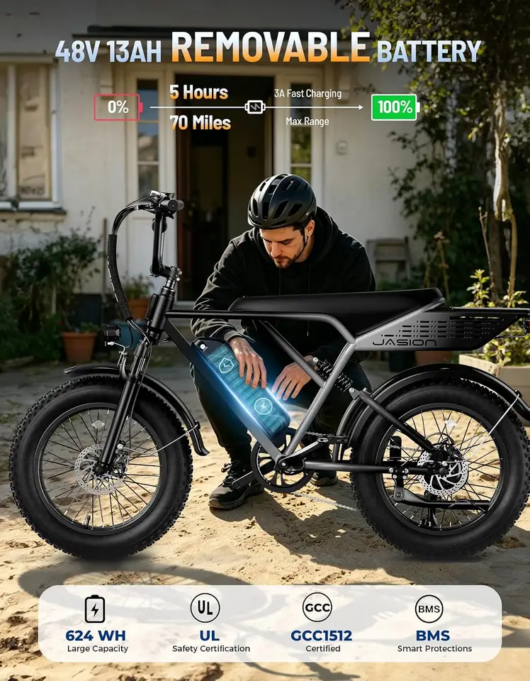 Jasion Electric Bike, 70-Mile Range, Fat Tire 48V 13Ah Removable Battery, E bike, 5 Riding Modes, 7-Speed, Full Suspension, IPX6, for Commuters, Beaches, Weekends image 3