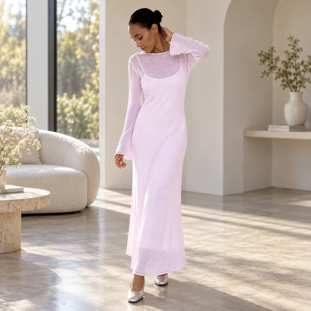 Pullover Hollow Out Set Long Sleeve Round Neck Two Set Relaxed Fit Extra Long Length Japanese Korean Casual Summer for Women
