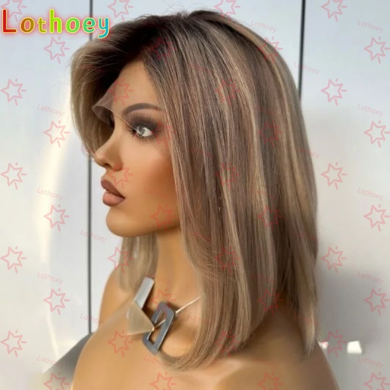 

14 Inch Ombre Blonde Brown Lace Front Wig Natural Wig Gift For Her Straight Hair Preplucked Realistic Hairline
