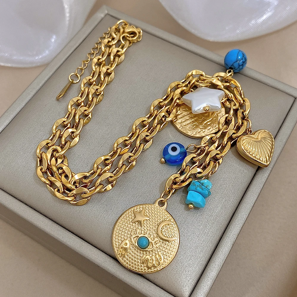 

Freetry Stainless Steel Heart Round Pendant Necklace for Women Bohemian Tassel Necklace Collar Chain Waterproof Jewelry on Neck