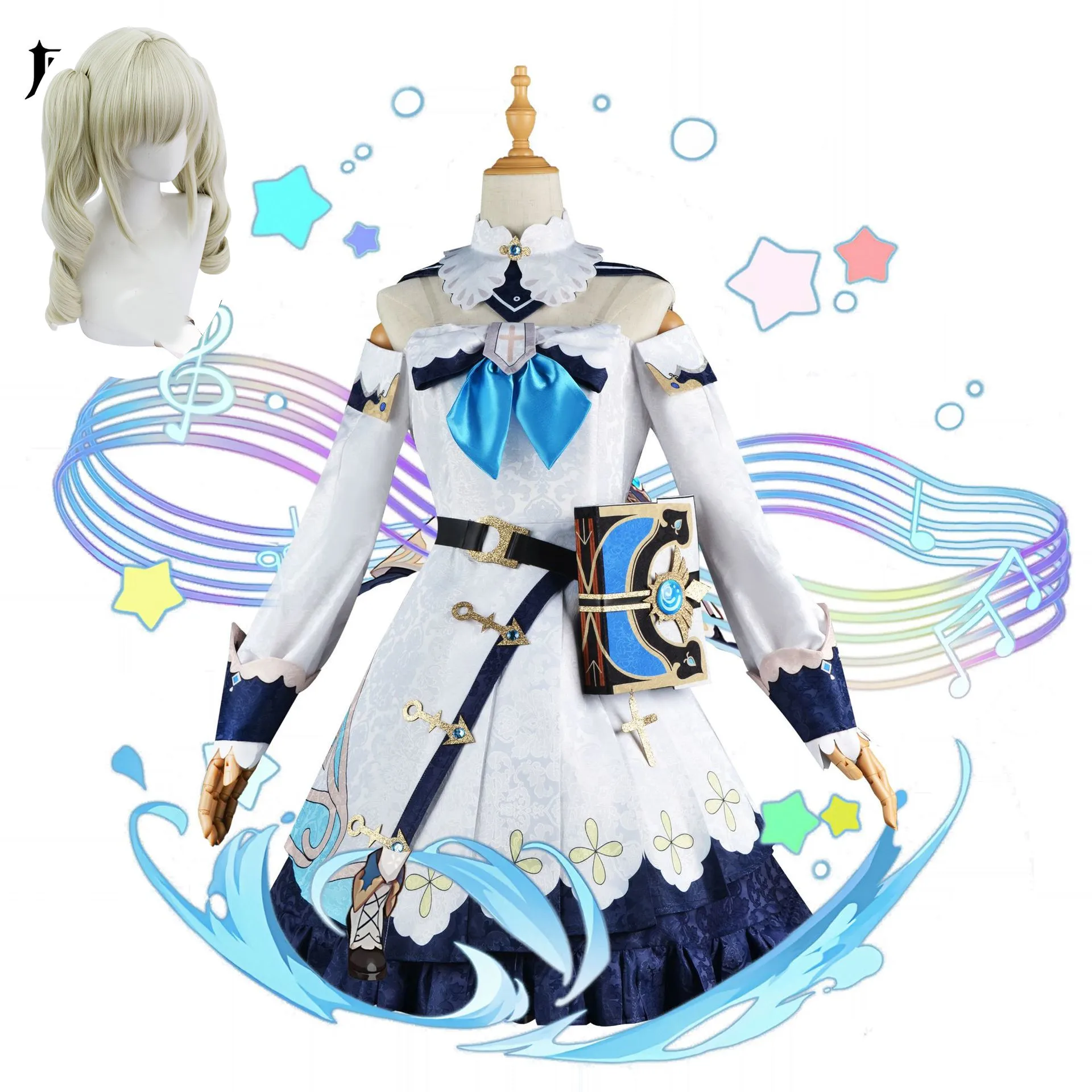 

Genshin Impact Barbara Cosplay White Blue Dress Bow Priestess Outfit for Women Anime Costume Cosplay Outfit