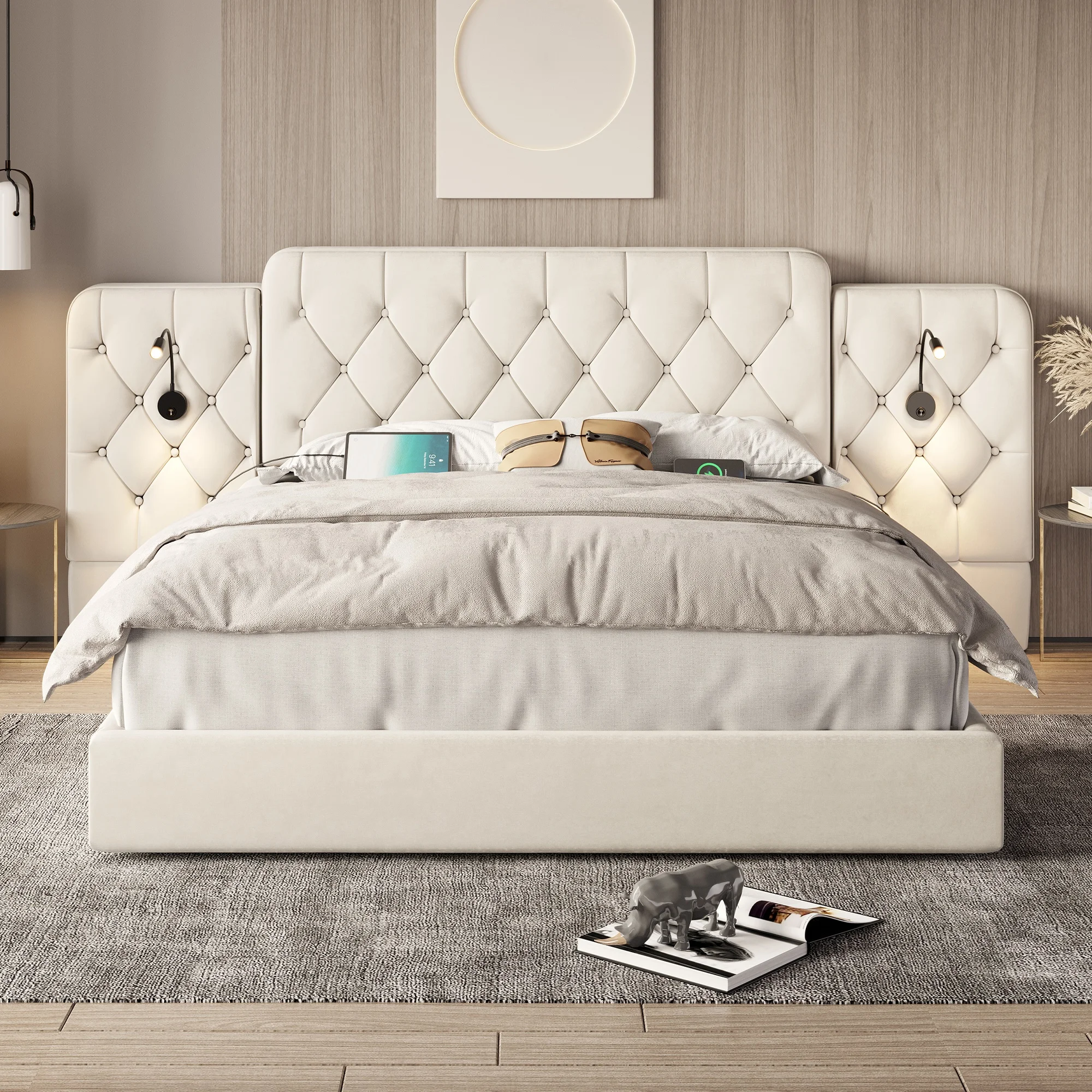 Cama con cajones 160x200 cm, luces USB, lectura, estructura estable, ahorro de espacio, terciopelo beige, sin colchón