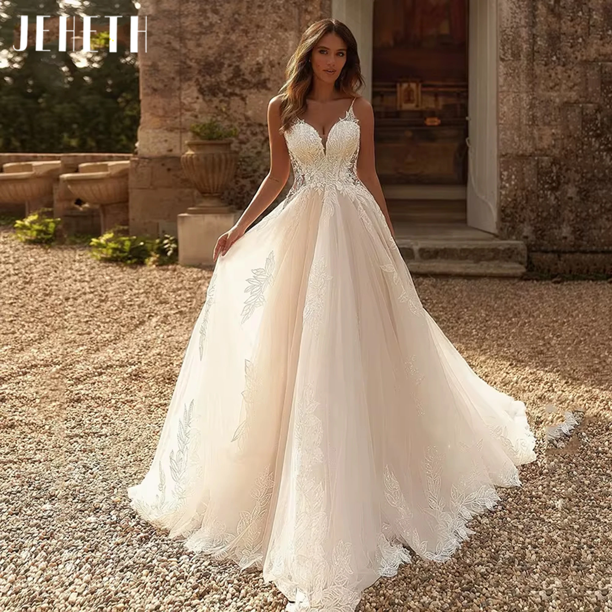 JEHETH A-Linie Blumen Applikationen Hochzeit Elegantes Kleid Spaghetti-Armband BrautkleideJEHETH A-Linie Blumen Applikationen Hochzeit Elegantes Kleid Spaghettiträger Brautkleider Schatz Brautkleid