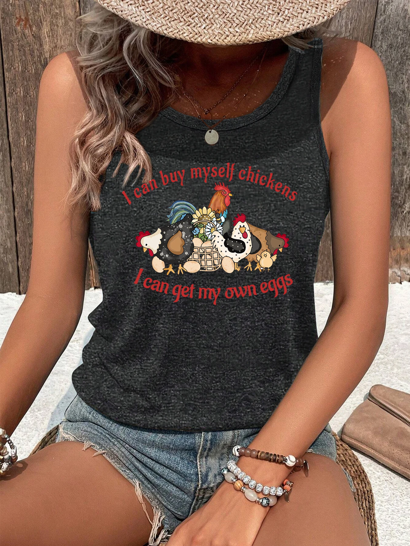 Print Letter Harajuku Women Animal Chickens&Eggs O-Neck Tank Top GirlSs Hip-hop Tanks Tops Mujer Casual Fashion Shirts Top S-238