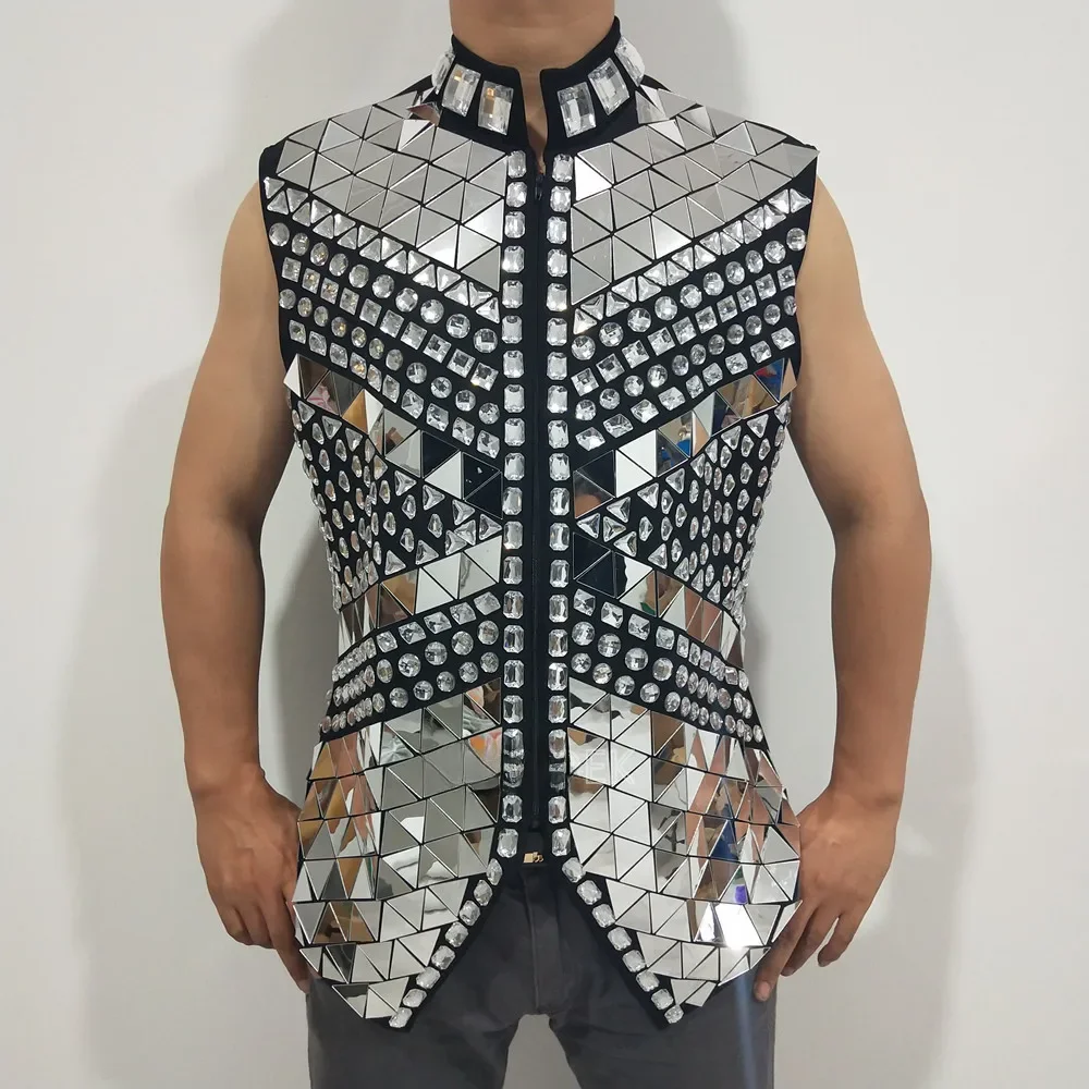 Brokatowa kamizelka z kryształkami i cekinami dla męskiej piosenkarki Bar Concert Stage Performance Drummer Dance Costume — zdjęcie 2