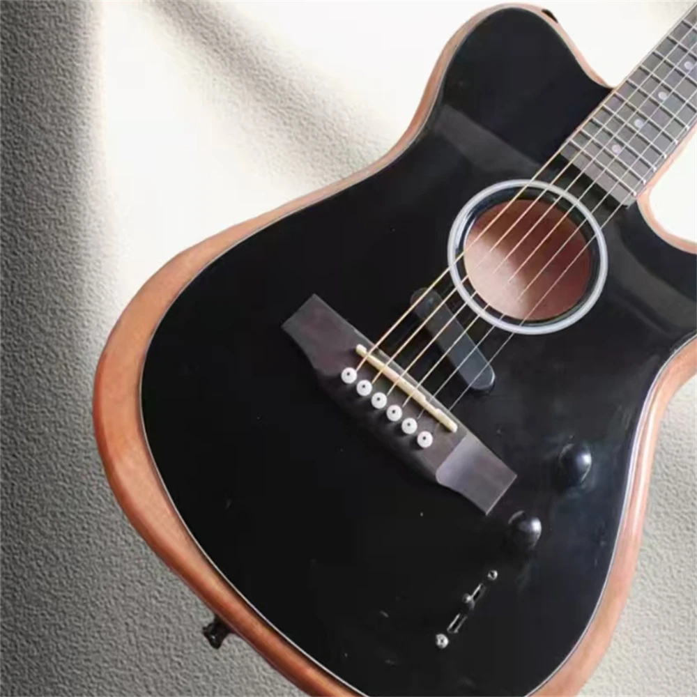 

High-quality 6-string high-gloss black acoustic semi-hollow body electric guitar, rosewood body, maple neck