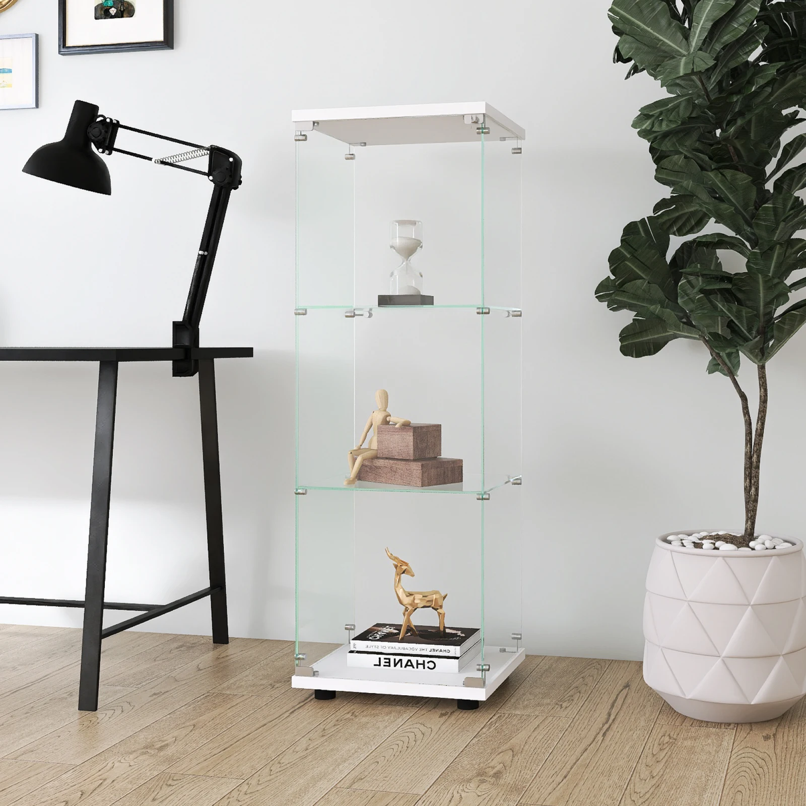 Anajqaqia 3-laags glazen vitrinekast met deur en slot voor verzamelobjecten, opbergkast voor de woonkamer 42x36x125cm