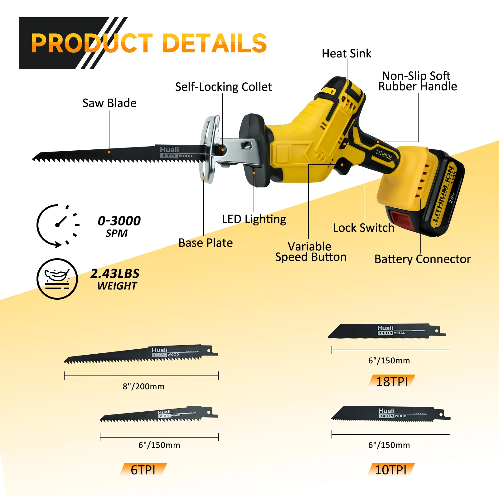 Sierra recíproca para Dewalt, batería de 20V, 0-3000SPM, velocidad Variable con 4 hojas de sierra, sable de corte de madera y Metal (sin batería)