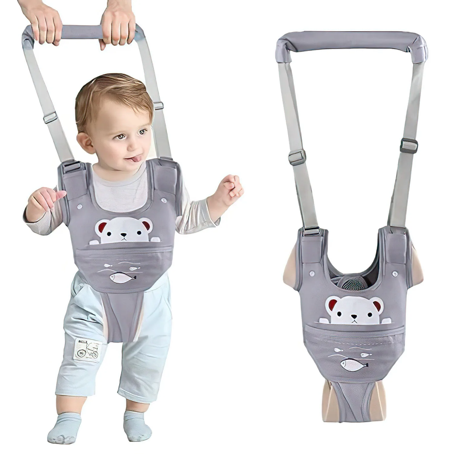 Girello per bambini / Imbracatura per apprendere a camminare, colore grigio – circonferenza toracica regolabile da 48 a 76 cm, cintura di collegamento da 32 a 52 cm, apertura per le gambe da 26 a 36