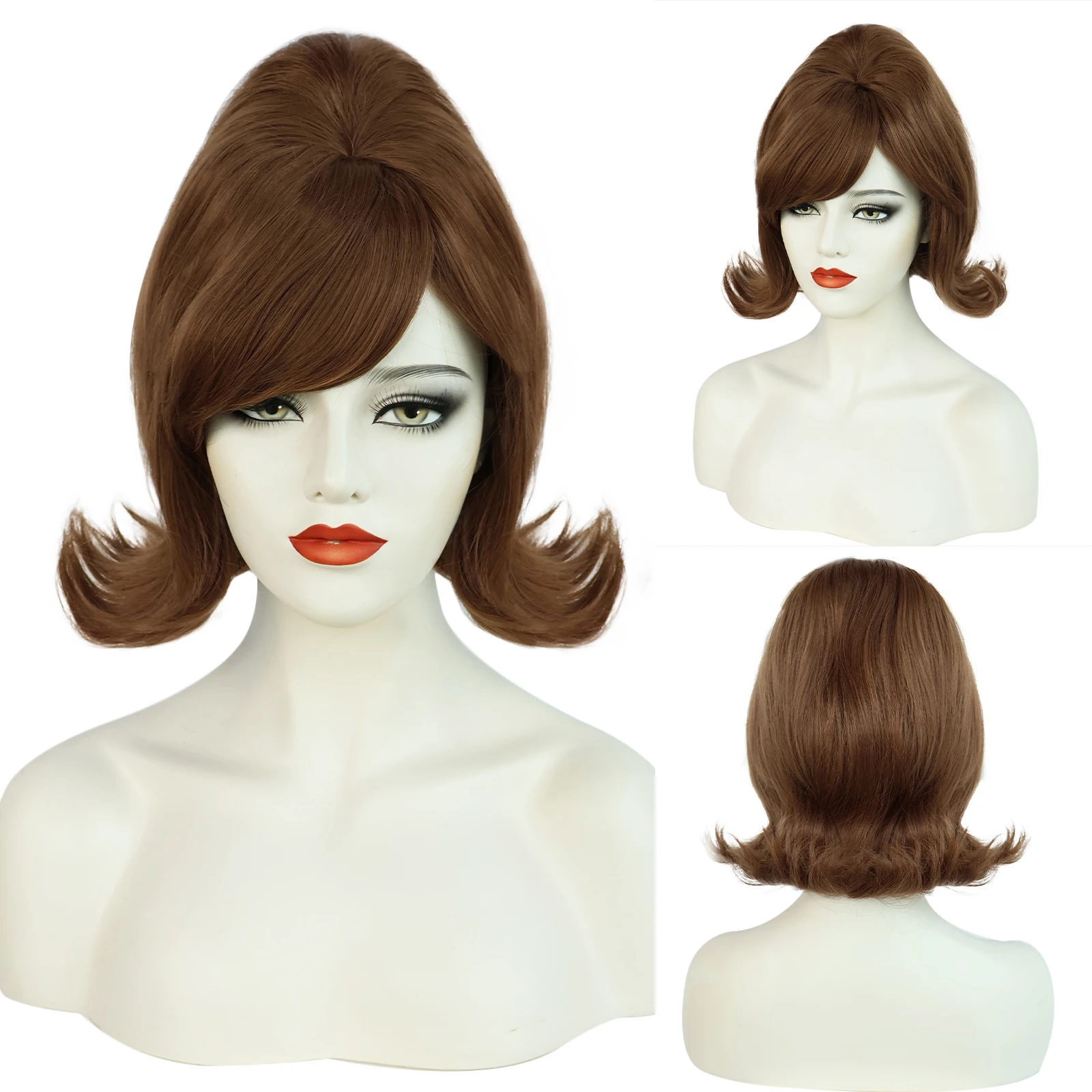 Synthetic Brown Womens 60s Retro Beehive Wigs, 70s Pinup Pelucas Short Flip Wig for Halloween Party Wig